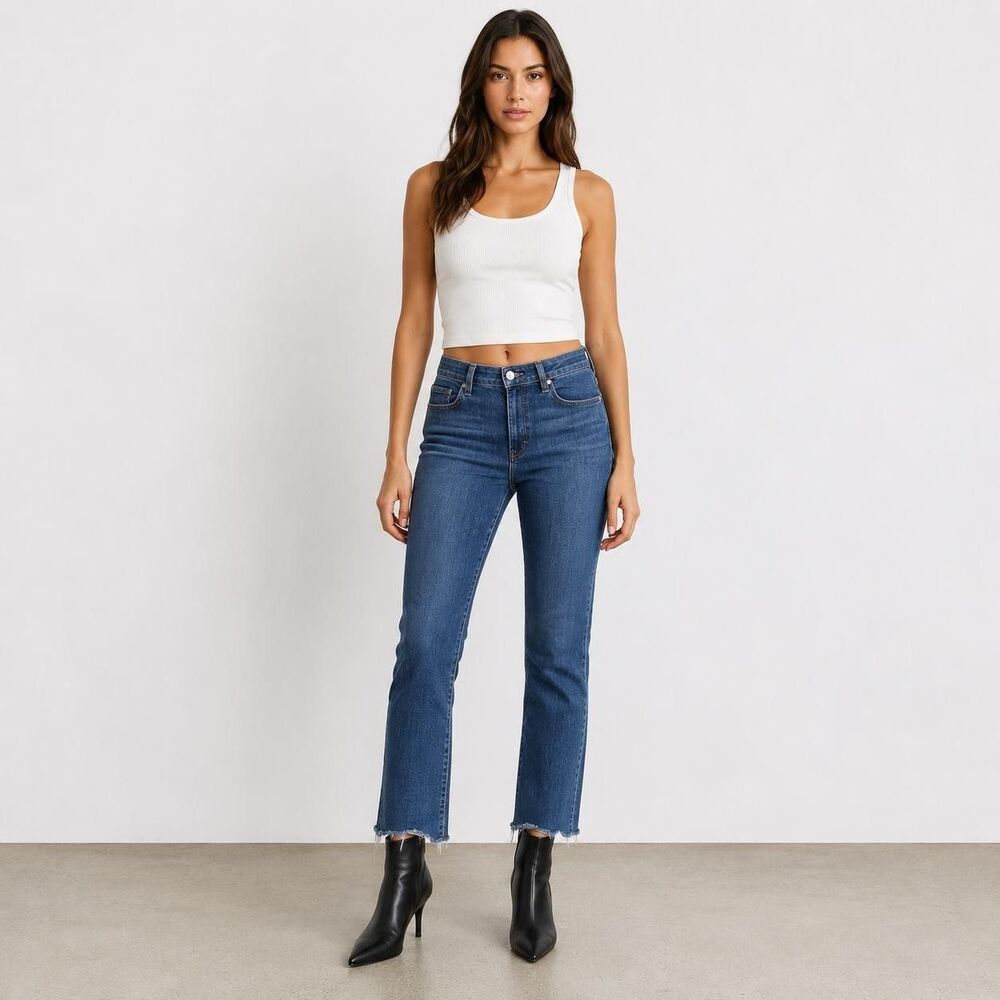 PAIGE Women's Jeans 32 CLAUDINE Raw Hem Cropped Kick Flare‎ Blue 6601F46-6028